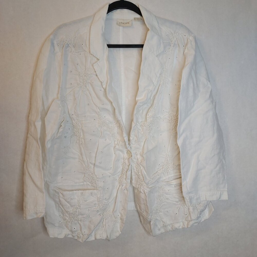 Chico's Linen Blazer Women's XL White Ruched Front Eyelet Mother of Pearl Button